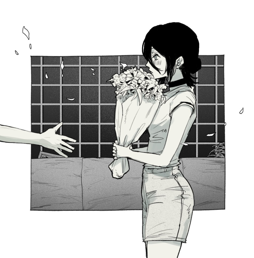 1girl ass black_choker black_hair bouquet breasts chainsaw_man champi choker collared_shirt disembodied_limb flower greyscale hair_between_eyes hair_bun highres holding holding_bouquet looking_at_another looking_to_the_side medium_breasts medium_hair monochrome out_of_frame reaching_out reze_(chainsaw_man) shirt shorts simple_background single_hair_bun solo_focus white_background white_shirt