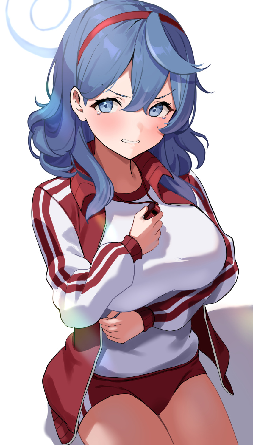 ako_(blue_archive) arm_under_breasts blue_archive blue_eyes blue_hair blush breasts buruma clenched_teeth cowboy_shot from_above hair_between_eyes hairband halo highres jacket large_breasts long_hair long_sleeves looking_at_viewer red_buruma red_jacket shirt simple_background taut_clothes tearing_up teeth uuroncha whistle whistle_around_neck white_background white_shirt