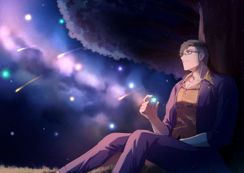 1boy absurdres akaie11 blue-framed_eyewear blue_eyes blue_jacket blue_pants daidou_shinove feet_out_of_frame glasses grass green_hair highres holding holding_star holostars jacket looking_up male_focus night orange_shirt pants pectoral_cleavage pectorals print_shirt shirt shooting_star short_hair sideburns sitting sky smile smiley_face solo star_(sky) star_(symbol) starry_sky tree under_tree