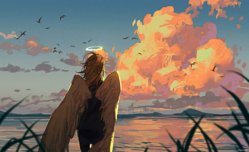 1boy angel_devil_(chainsaw_man) angel_wings bird black_jacket black_pants chainsaw_man champi clouds cloudy_sky crow evening formal from_behind grass halo highres jacket light_reflection_(water) long_hair looking_afar messy_hair ocean orange_hair pants sky solo suit water wings