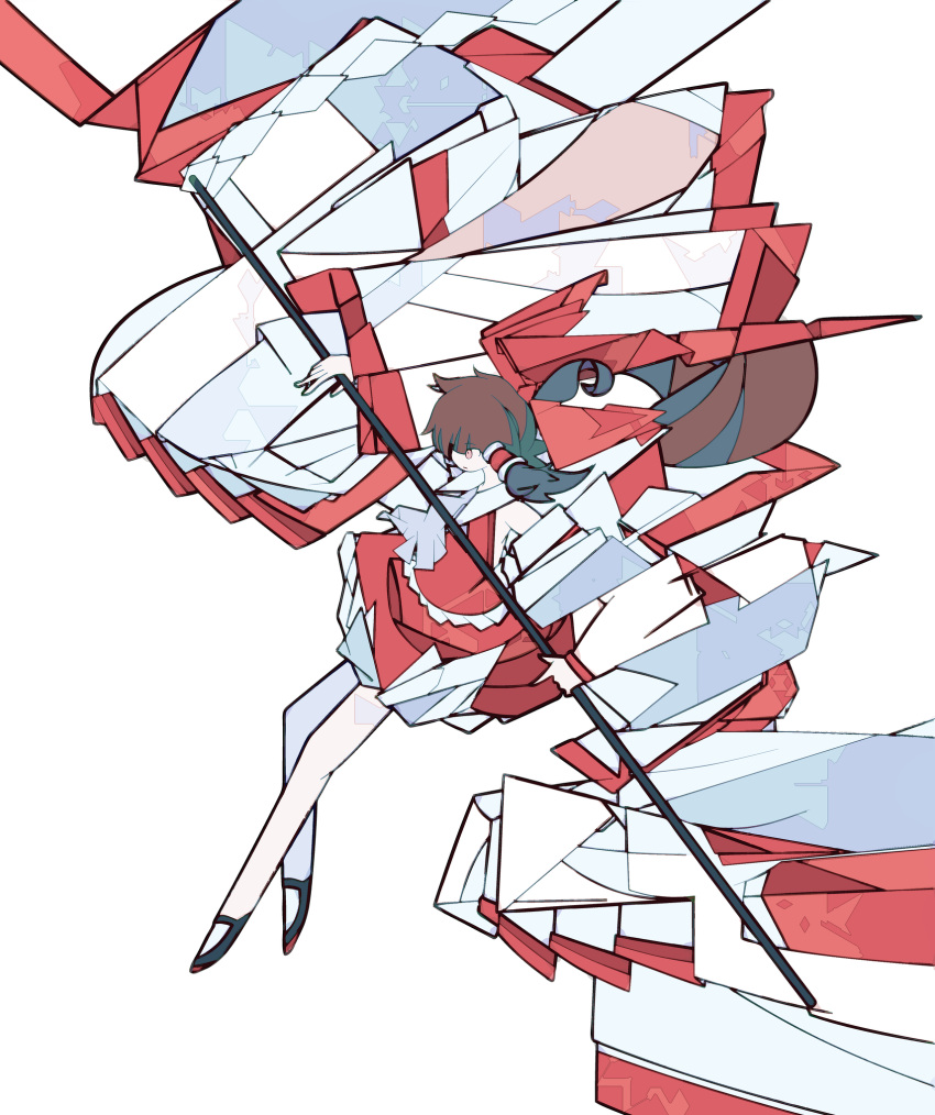 1girl bangs bow brown_eyes brown_hair commentary_request cubism detached_sleeves full_body gohei hair_bow hair_tubes hakurei_reimu harano_kaguyama highres holding_gohei mary_janes red_bow red_skirt red_vest shapes shoes skirt solo touhou very_long_sleeves vest white_background