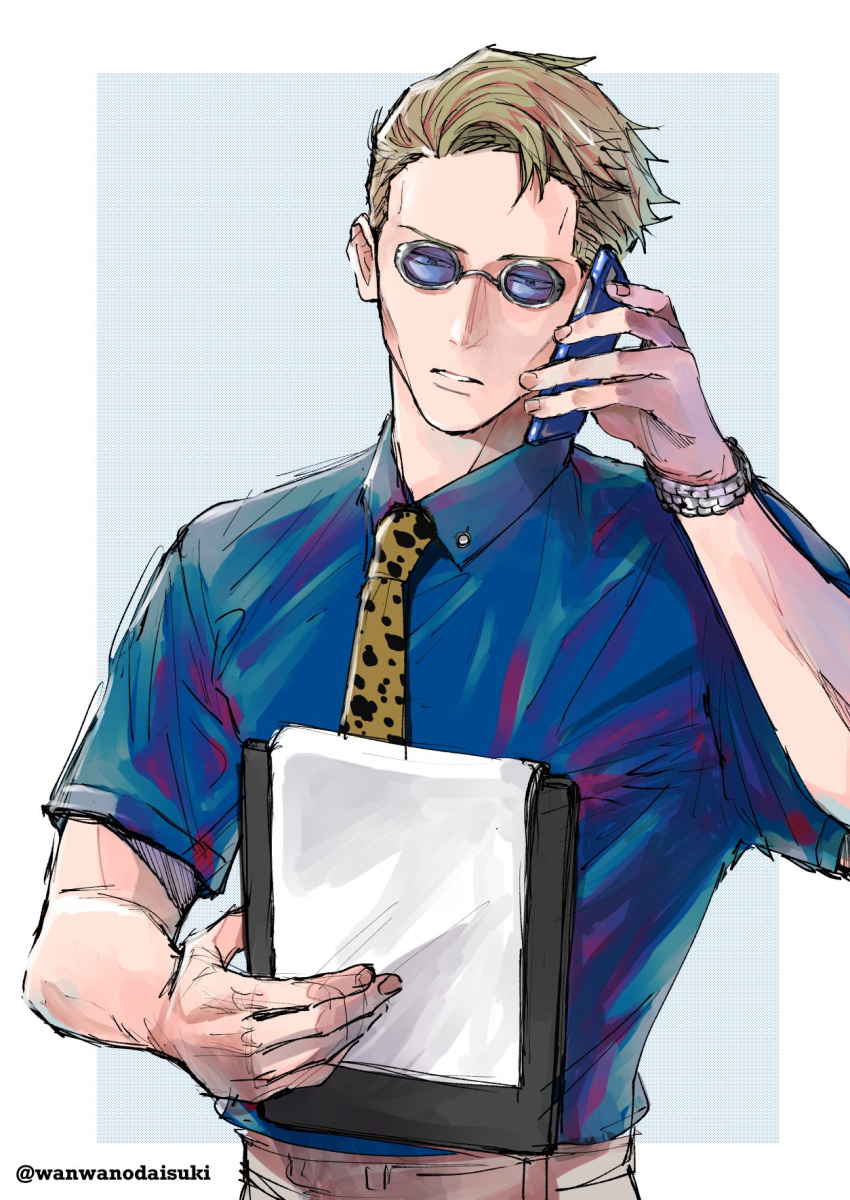 1boy blonde_hair blue_eyes blue_shirt cellphone clipboard collared_shirt goggles highres holding holding_clipboard holding_phone jujutsu_kaisen long_sleeves male_focus nanami_kento necktie parted_lips phone shirt short_hair sleeves_rolled_up smartphone solo watch yellow_necktie yuu_(1969loy)