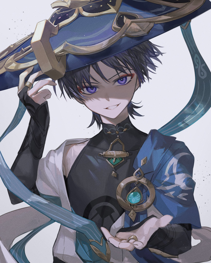 1boy arm_up bangs bare_shoulders black_hair black_shirt blue_headwear blue_ribbon blunt_ends bridal_gauntlets collarbone commentary_request covered_collarbone eyeshadow genshin_impact gold_trim grin hand_up hat highres jacket japanese_clothes jingasa looking_at_viewer makeup male_focus off_shoulder parted_bangs parted_lips red_eyeshadow ribbon scaramouche_(genshin_impact) scaramouche_(wanderer)_(genshin_impact) shaded_face shirt short_hair short_sleeves sleeveless sleeveless_shirt smile solo upper_body v-shaped_eyebrows violet_eyes vision_(genshin_impact) white_background white_jacket wide_sleeves zaso