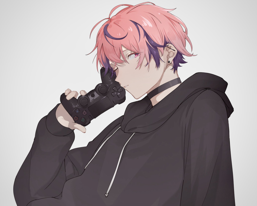 1boy black_choker black_hoodie choker commentary controller ear_piercing earrings from_side game_controller grey_background hand_up highres holding holding_controller holding_game_controller hood hoodie jewelry long_sleeves looking_at_viewer male_focus multicolored_hair niconico nqrse nyannyan_321 one_eye_closed parted_lips piercing pink_eyes pink_hair purple_hair short_hair sideways_glance simple_background solo streaked_hair stud_earrings symbol-only_commentary upper_body utaite_(singer)