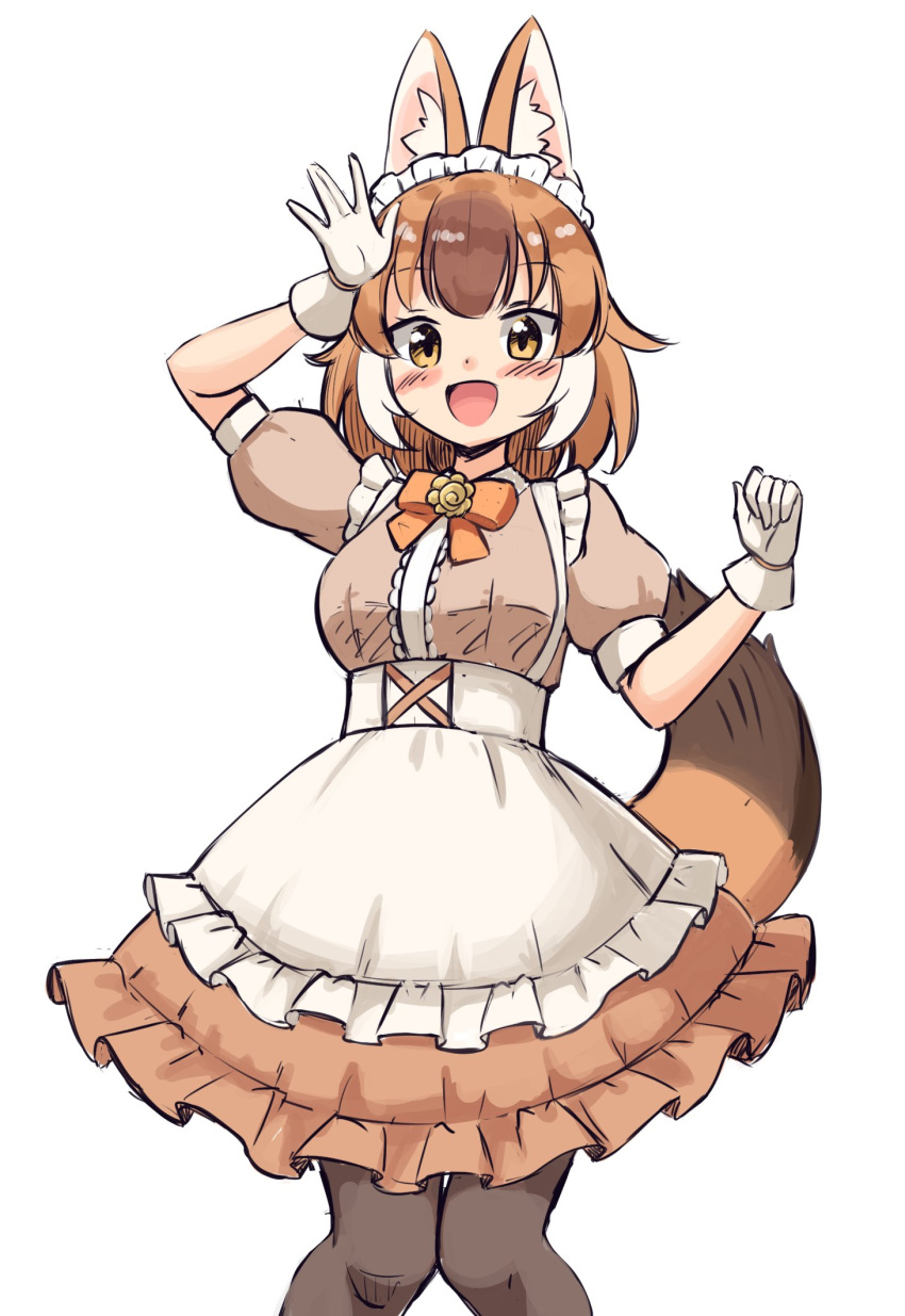1girl adapted_costume alternate_costume animal_ears blush bow bowtie brown_dress brown_pantyhose brown_shirt commentary_request cowboy_shot dhole_(kemono_friends) dog_ears dog_girl dog_tail dress enmaided gloves high-waist_skirt highres kemono_friends light_brown_hair looking_at_viewer maid maid_headdress multicolored_hair open_mouth orange_bow orange_bowtie orange_eyes pantyhose puffy_short_sleeves puffy_sleeves shiraha_maru shirt short_sleeves skirt smile solo tail two-tone_hair white_gloves white_hair