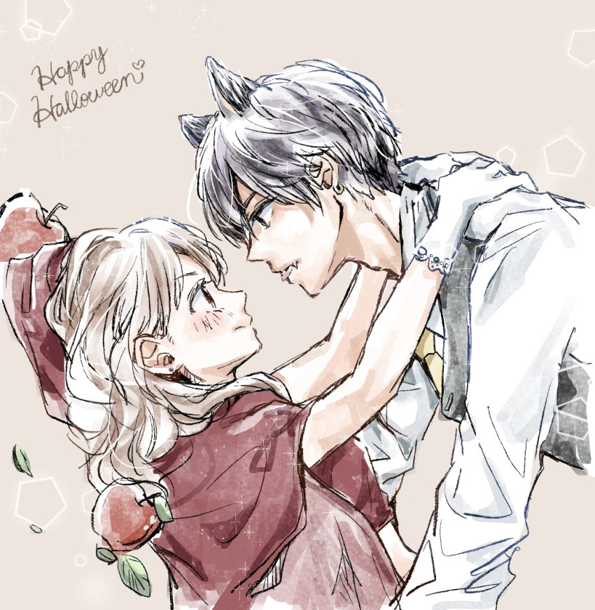 1boy 1girl animal_ears apple blonde_hair blush capelet couple earrings eye_contact fake_animal_ears food fruit gloves grey_sweater_vest grey_vest halloween halloween_costume happy_halloween jewelry light_brown_hair little_red_riding_hood long_sleeves looking_at_another necktie reaching red_capelet saitou_shiori_(pixiv14549321) shirt simple_background sketch stud_earrings sweater_vest vest white_gloves white_shirt wolf_ears yellow_necktie