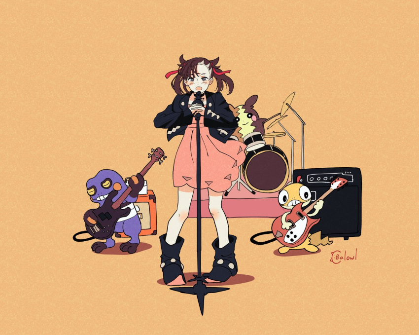 1girl amplifier asymmetrical_bangs band bangs black_choker black_eyes black_footwear black_jacket blush boots brown_hair choker coalowl commentary croagunk cymbals dress drum drum_set electric_guitar full_body guitar hair_ribbon holding holding_instrument holding_microphone_stand instrument jacket looking_at_viewer marnie_(pokemon) medium_hair microphone microphone_stand morpeko music open_clothes open_jacket open_mouth orange_background own_hands_clasped own_hands_together pink_dress pokemon pokemon_(creature) pokemon_(game) pokemon_swsh red_ribbon ribbon scraggy short_dress signature simple_background singing standing twintails