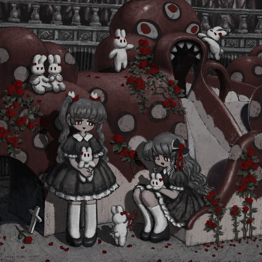2girls absurdres bangs black_bow black_dress black_footwear bow bright_pupils commentary_request cross dress flower frilled_dress frilled_sleeves frills gestart333 gothic_lolita grey_hair hair_bow highres horror_(theme) limited_palette lolita_fashion long_hair multiple_girls open_mouth original outdoors puffy_short_sleeves puffy_sleeves rabbit red_bow red_eyes red_flower red_rose rose shoes short_sleeves smile socks squatting standing twintails white_pupils white_socks