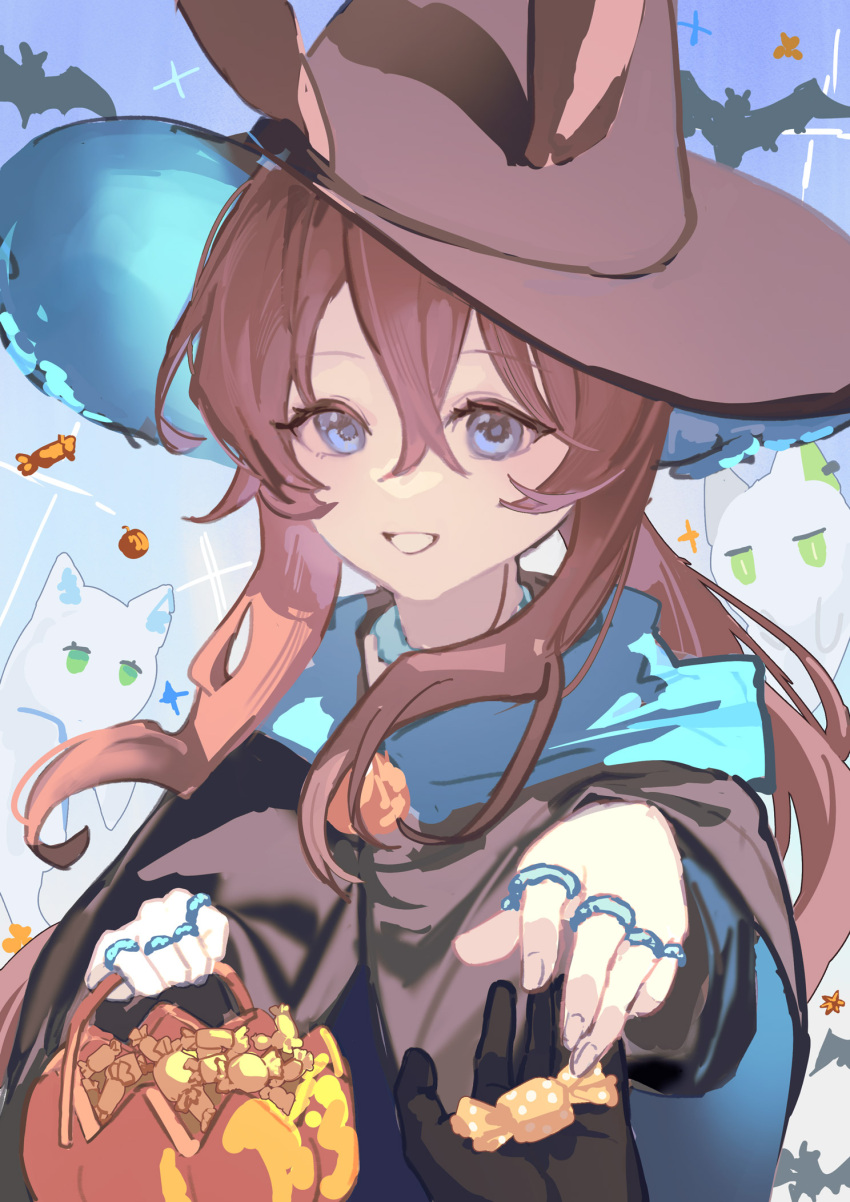 1girl :d amiya_(arknights) animal_ears arknights bat_(animal) black_coat blue_eyes blush brown_hair brown_headwear candy coat commentary doctor_(arknights) erliang_qingcai fingernails food ghost giving hair_between_eyes halloween_bucket hat highres holding hooded_coat incoming_gift jewelry kal'tsit_(arknights) long_hair looking_at_viewer open_mouth pov rabbit_ears ring rosmontis_(arknights) sketch smile upper_body witch_hat