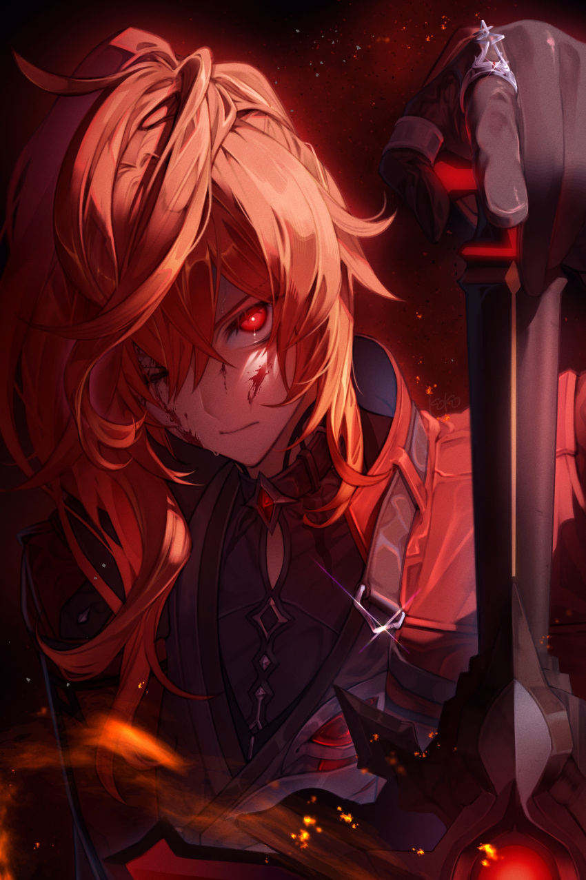 1boy bangs black_gloves blood blood_on_face closed_mouth coat commentary_request diluc_(genshin_impact) diluc_(red_dead_of_night)_(genshin_impact) genshin_impact gloves greatsword hair_between_eyes highres holding holding_sword holding_weapon kokollet long_hair looking_at_viewer male_focus one_eye_closed ponytail red_coat red_eyes redhead simple_background solo sparkle sword upper_body weapon