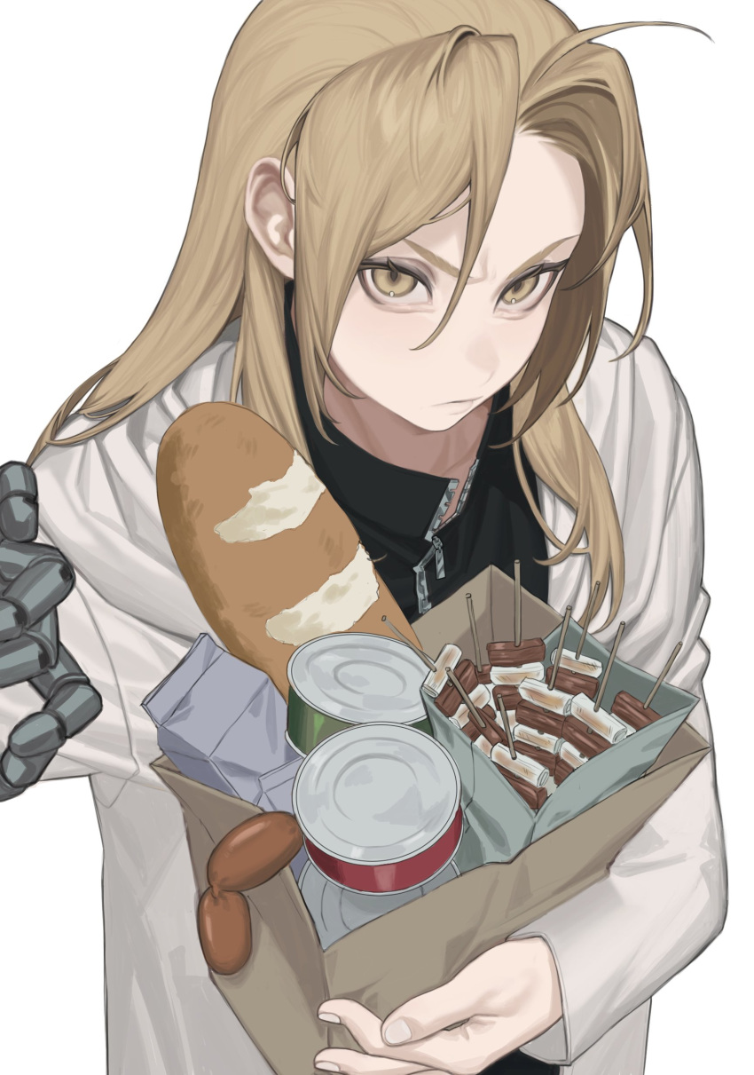 1boy absurdres bag bangs black_jacket blonde_hair can cbow coat edward_elric fullmetal_alchemist furrowed_brow hair_between_eyes highres holding holding_bag jacket linked_sausages loaf_of_bread long_hair long_sleeves looking_at_viewer male_focus paper_bag parted_bangs prosthesis prosthetic_arm solo upper_body white_background white_coat yellow_eyes