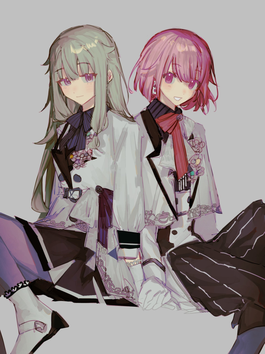 2girls belt black_bow black_bowtie black_skirt blush boots bow bowtie capelet closed_mouth green_hair grey_background highres holding_hands jacket kusanagi_nene long_hair long_sleeves looking_at_viewer low-tied_long_hair multiple_girls ootori_emu open_mouth pantyhose pink_eyes project_sekai purple_pantyhose red_bow red_bowtie simple_background sitting skirt smile tunataro violet_eyes white_belt white_capelet white_footwear white_jacket