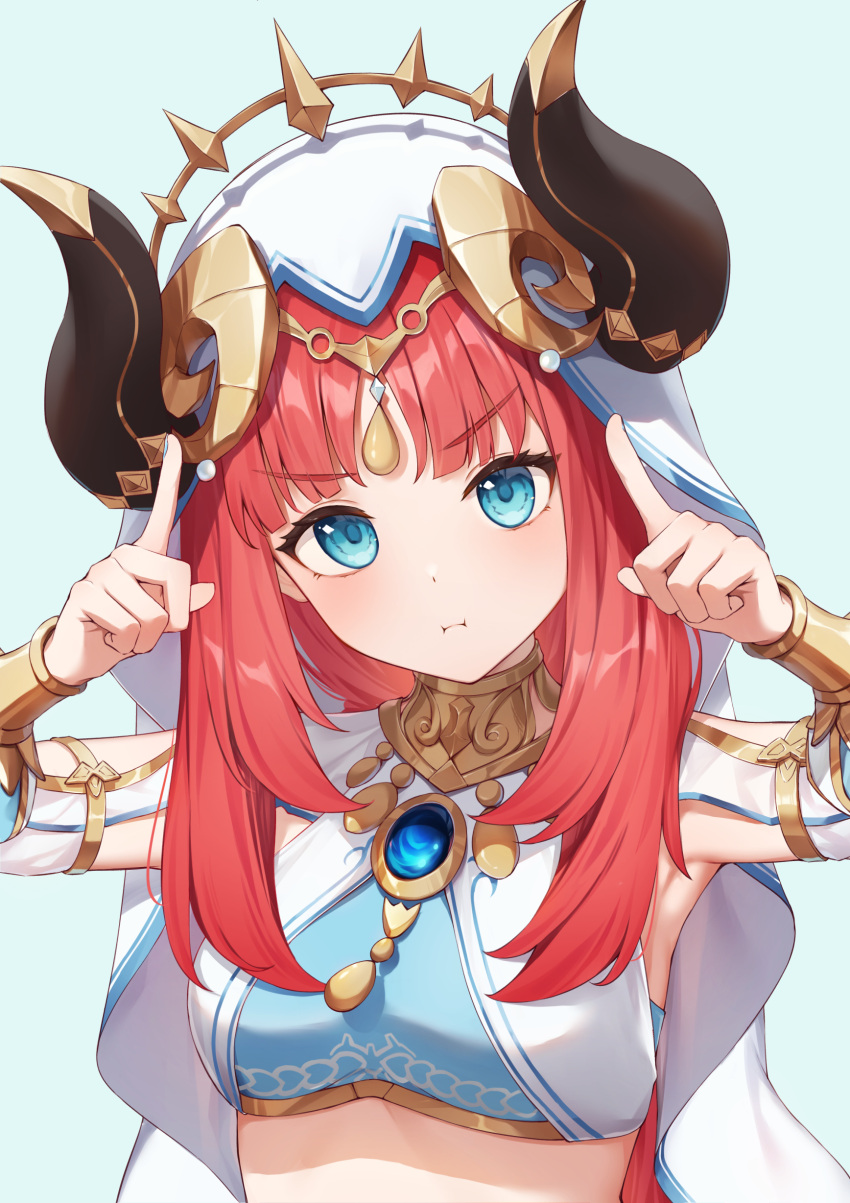 1girl :i absurdres aqua_background aqua_eyes armpits bangs blush breasts brooch circlet closed_mouth crop_top detached_sleeves genshin_impact gold_trim hands_up highres horns index_finger_raised jewelry long_hair looking_at_viewer medium_breasts neck_ring nilou_(genshin_impact) parted_bangs pout redhead sidelocks simple_background solo upper_body vambraces veil yuu_maraa