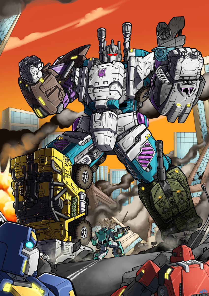 blue_eyes bruticus building clenched_hands clouds decepticon english_commentary gun highres holding holding_gun holding_weapon looking_up mad_project mecha no_humans orange_sky red_eyes robot science_fiction sky skyscraper smoke solo_focus transformers weapon western_comics_(style)