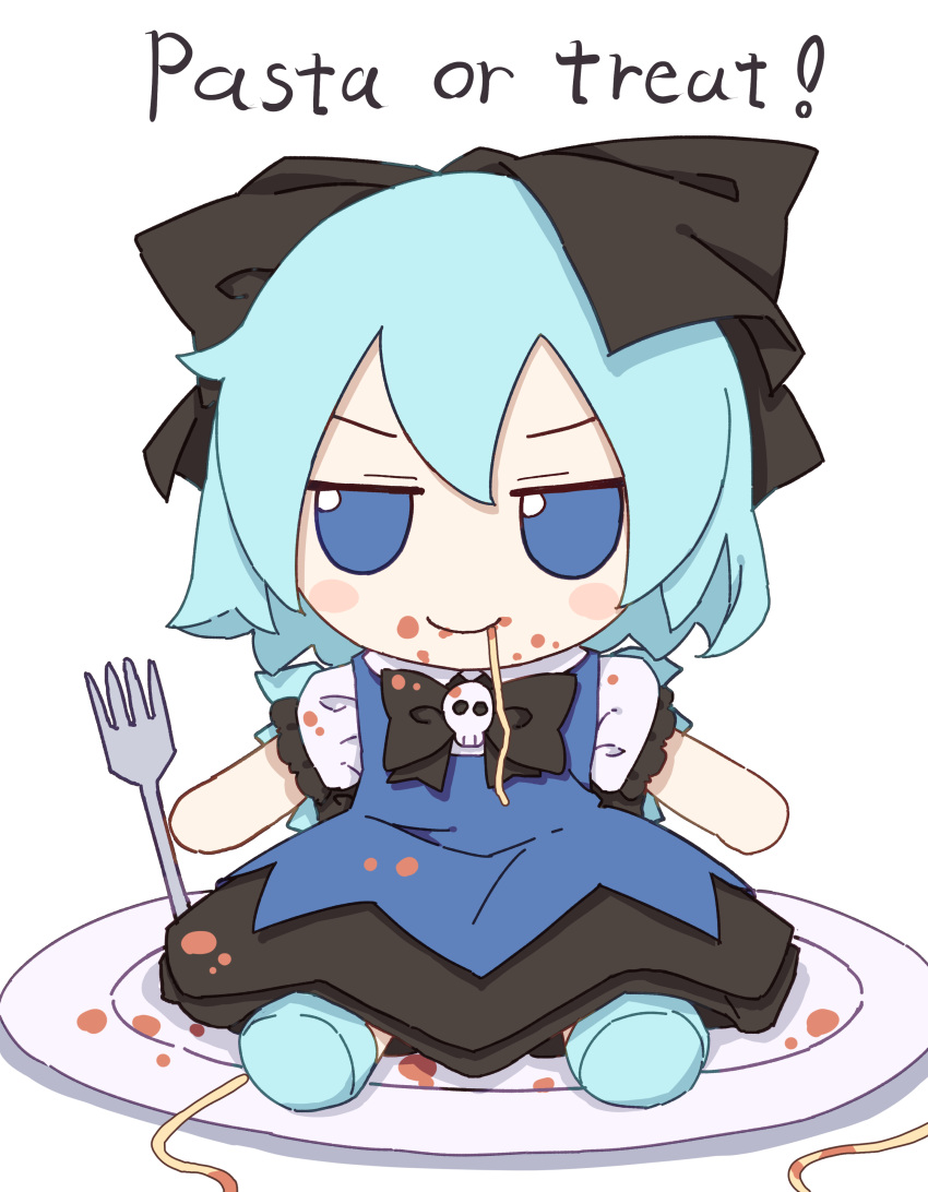 1girl absurdres black_bow black_footwear blue_dress blue_eyes blue_hair bow cirno collared_shirt dress english_text fairy_wings food food_on_face fork fumo_(doll) hair_bow highres ice ice_wings kame_(kamepan44231) long_dress pasta pinafore_dress plate shirt short_hair simple_background skull_ornament smile solo touhou white_background white_shirt wings