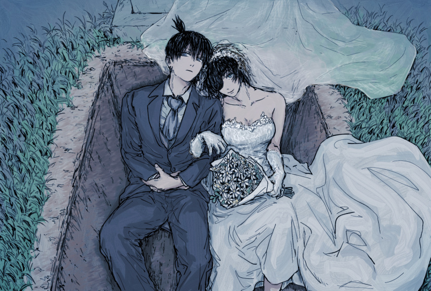 1boy 1girl bare_shoulders blue_eyes bouquet bridal_veil chainsaw_man collared_shirt dress eyepatch flower formal gloves haevaf hayakawa_aki highres himeno_(chainsaw_man) husband_and_wife locked_arms necktie open_grave shirt sitting suit tombstone topknot veil wedding_dress white_dress white_gloves