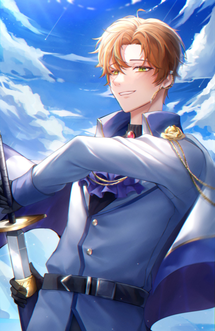 absurdres belt black_belt black_shirt blue_sky clouds coat collared_jacket drawing_sword earrings formal gold_trim highres holding holding_sword holding_weapon jewelry long_sleeves open_mouth orange_hair project_sekai shinonome_akito shirt short_hair sky smile standing suit sword upper_body weapon white_coat youwon0417