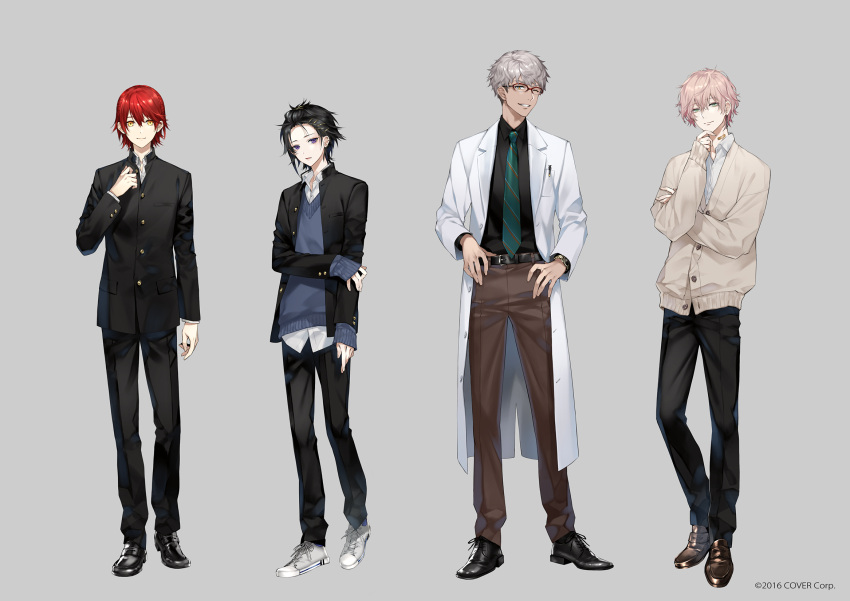 4boys aged_down akke_(akke299) arm_at_side arurandeisu bandaid bandaid_on_neck bangs_pinned_back belt black_belt black_footwear black_pants black_shirt blue_sweater brown_pants cardigan collared_shirt copyright dress_shoes ear_piercing earrings full_body gakuran glasses green_eyes green_necktie grey_background grey_hair grin hair_between_eyes hair_ornament hairclip half_updo hanasaki_miyabi hand_on_own_chest hand_on_own_chin hand_on_own_elbow hands_on_hips highres holostars jacket jewelry kanade_izuru labcoat loafers looking_at_viewer male_focus multiple_boys necktie official_art open_clothes open_collar open_jacket pants parted_lips pen piercing pink_hair redhead rikka_(holostars) school_uniform sekai_ichi_(holostars) shirt shoes short_hair simple_background single_earring sleeves_past_wrists smile sneakers striped_necktie sweater untucked_shirt violet_eyes virtual_youtuber watch watch white_footwear white_shirt yellow_eyes