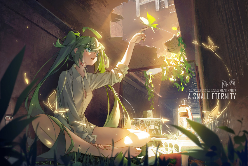 1girl barefoot blue_eyes bug butterfly dated english_text geduan green_hair hatsune_miku highres open_clothes open_mouth open_shirt plant ruins shirt signature teeth twintails vocaloid white_shirt
