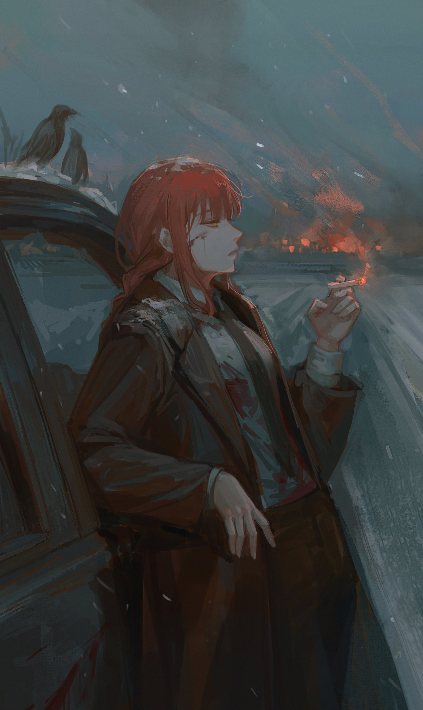 1girl absurdres bird black_jacket black_pants blood blood_on_clothes blood_on_face braid car chainsaw_man cigarette collared_shirt commentary from_side ground_vehicle hand_up highres holding holding_cigarette jacket long_hair long_sleeves looking_afar makima_(chainsaw_man) motor_vehicle open_clothes open_jacket outdoors pants parted_lips profile redhead shirt sidelocks single_braid smoke snow snowing solo solraka white_shirt yellow_eyes