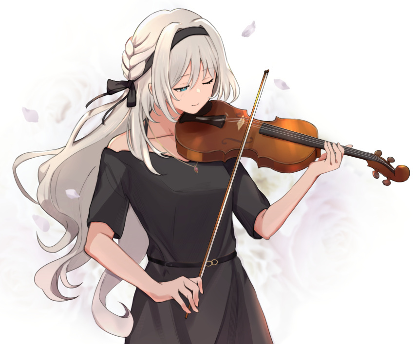 1girl an-94_(girls'_frontline) an-94_(girls_frontline) an-94_(silent_rouge)_(girls'_frontline) aqua_eyes bangs black_dress black_hairband black_ribbon blonde_hair braid breasts closed_mouth collarbone dress girls_frontline gradient_background hairband highres holding holding_instrument instrument instrument_request jewelry light_blush long_hair looking_away necklace official_alternate_costume one_eye_closed petals ribbon small_breasts smile solo upper_body violin white_background yotsuyama_(yomo8ama)