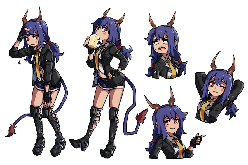1girl :d arknights arms_behind_head bangs belt black_footwear black_gloves black_jacket black_shorts blue_hair blue_sky boots ch'en_(arknights) closed_eyes cup dragon_horns dragon_tail fingerless_gloves gloves highres holding holding_cup horns jacket knee_boots long_hair looking_at_viewer multiple_views navel necktie oninuer open_mouth red_eyes shorts simple_background sky smile tail twintails white_background yellow_necktie
