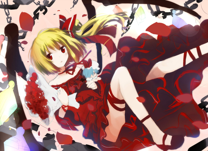 blonde_hair bouquet chain character_doll dress expressionless flandre_scarlet flower gochou_(comedia80) mary_janes red_dress red_eyes remilia_scarlet ribbon ribbon_choker rough shoes short_hair side_ponytail sketch solo thigh_ribbon touhou wings wrist_ribbon