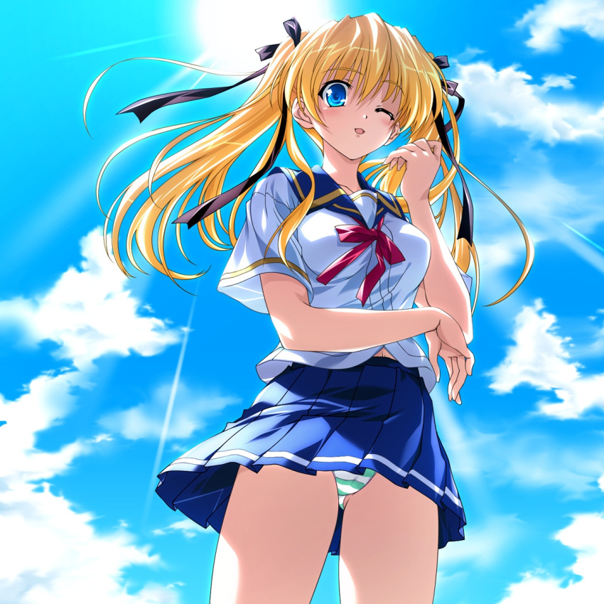 blue_eyes celes_alford cotton_software game_cg hair_ribbon highres long_hair natsumegu panties pantyshot ribbon school_uniform seifuku shimapan sky sun tsukasa_yuuki twintails underwear wink