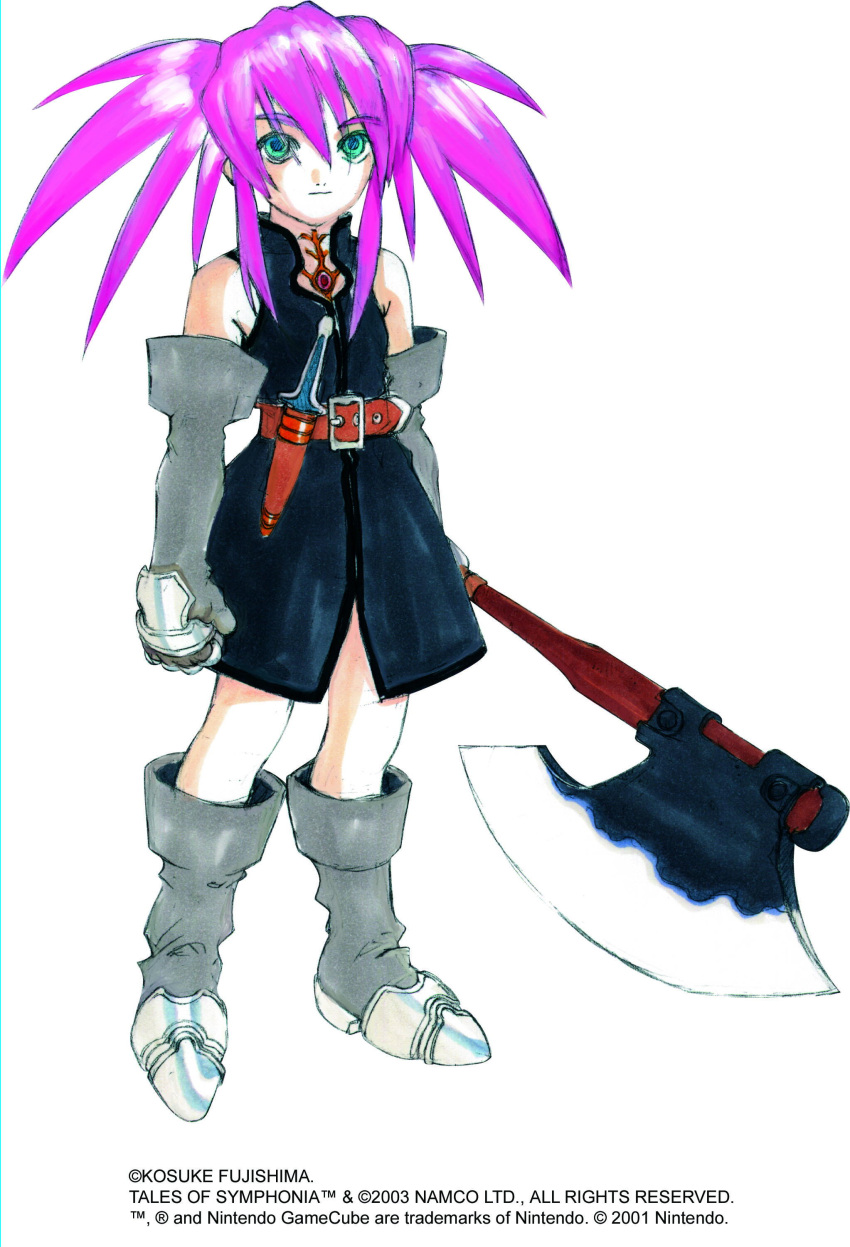 axe boots fujishima_kousuke gloves green_eyes knife official_art pink_hair presea_combatir tales_of_(series) tales_of_symphonia twintails