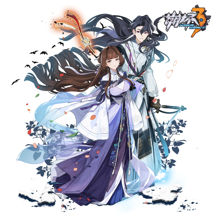 1boy 1girl absurdres bangs black_hair brown_eyes brown_hair chinese_clothes copyright_name full_body highres holding holding_sheath holding_sword holding_weapon honkai_(series) honkai_impact_3rd li_sushang long_hair long_sleeves looking_at_viewer official_art petals sheath sheathed simple_background sword weapon white_background