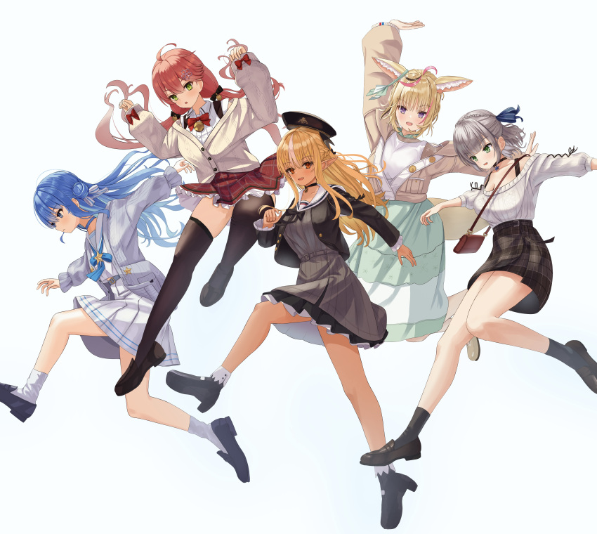 5girls absurdres animal_ears ankle_socks asakura_(asa_t77) bare_legs black_bow black_choker black_footwear black_headwear black_jacket black_skirt black_socks black_thighhighs blonde_hair blue_eyes blue_hair blue_ribbon bow brown_footwear casual choker closed_mouth commentary_request dress fox_ears green_eyes grey_dress grey_jacket hair_bow hair_ribbon high-waist_skirt highres hololive hoshimachi_suisei jacket jumping long_hair looking_at_viewer low_twintails multiple_girls omaru_polka open_clothes open_jacket open_mouth orange_eyes pleated_skirt pointy_ears red_skirt redhead ribbon sakura_miko shiranui_flare shiranui_kensetsu shirogane_noel shoes short_hair skirt sleeves_past_elbows smile socks sweater thigh-highs twintails violet_eyes virtual_youtuber white_hair white_skirt white_socks white_sweater zettai_ryouiki