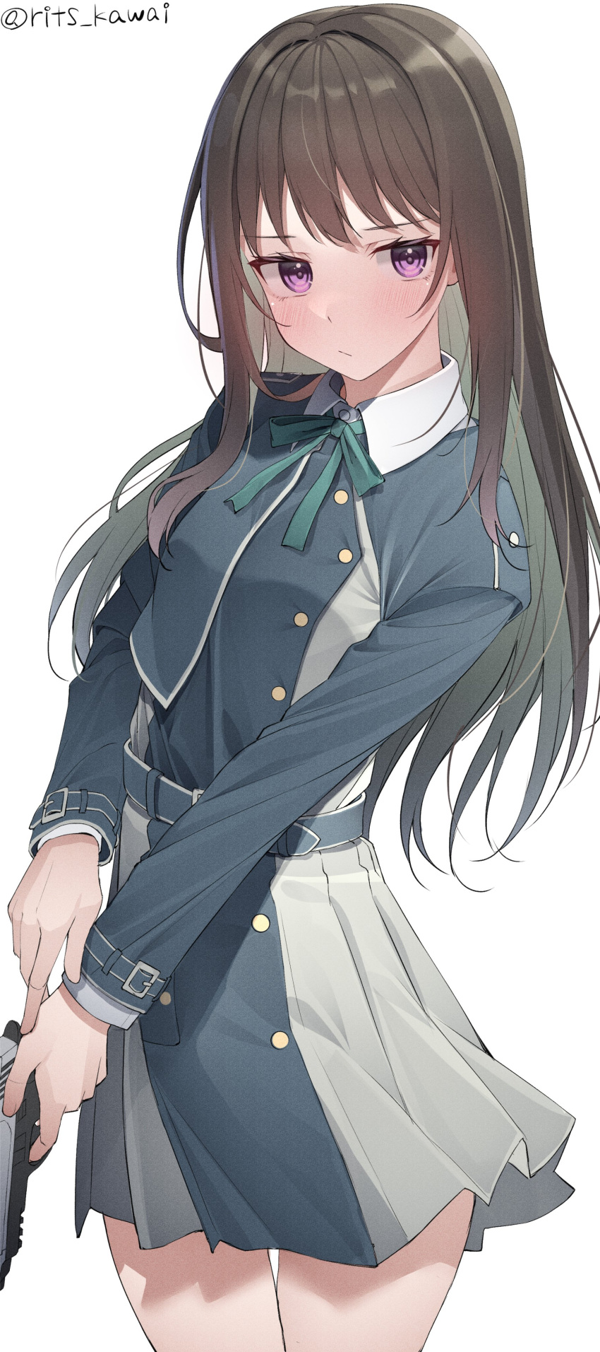 absurdres artist_name bangs belt black_hair blue_belt blue_dress blush breasts collared_shirt dress green_ribbon grey_dress gun handgun highres holding holding_gun holding_weapon inoue_takina kawai_ritsu_(rits_meg) long_hair long_sleeves looking_at_viewer lycoris_recoil lycoris_uniform medium_breasts neck_ribbon pleated_dress ribbon s&amp;w_m&amp;p shirt simple_background twitter_username two-tone_dress violet_eyes weapon white_background white_shirt