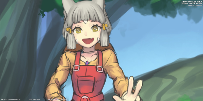 1girl :d animal_ears apron artist_name bangs blue_sky cat_ears chest_jewel fang gofelem long_sleeves nia_(xenoblade) outdoors red_apron shirt short_hair sketch sky smile solo tree upper_body w xenoblade_chronicles_(series) xenoblade_chronicles_2 yellow_eyes yellow_shirt