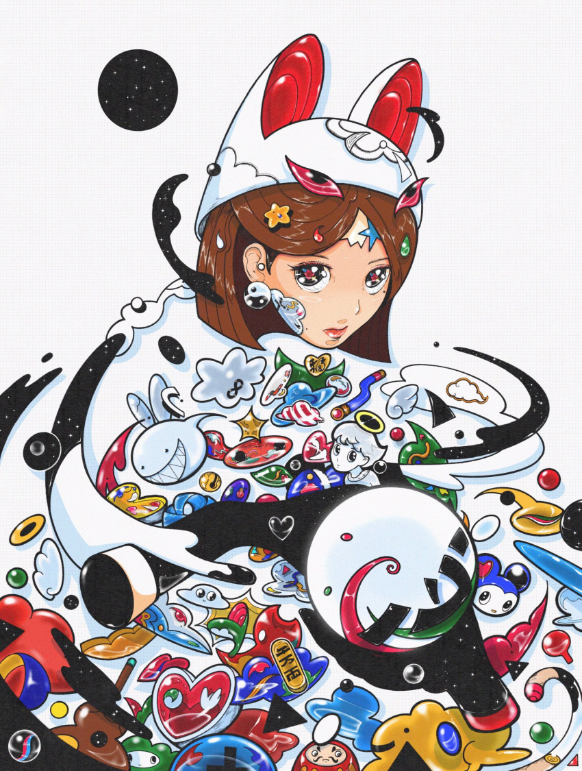 1girl black_eyes brown_hair daruma_doll disembodied_head earrings hair_ornament heart heart-shaped_pupils highres jewelry kolahonn looking_at_viewer marble_(toy) mole mole_under_eye original short_hair simple_background solo surreal symbol-shaped_pupils triangle white_background yin_yang