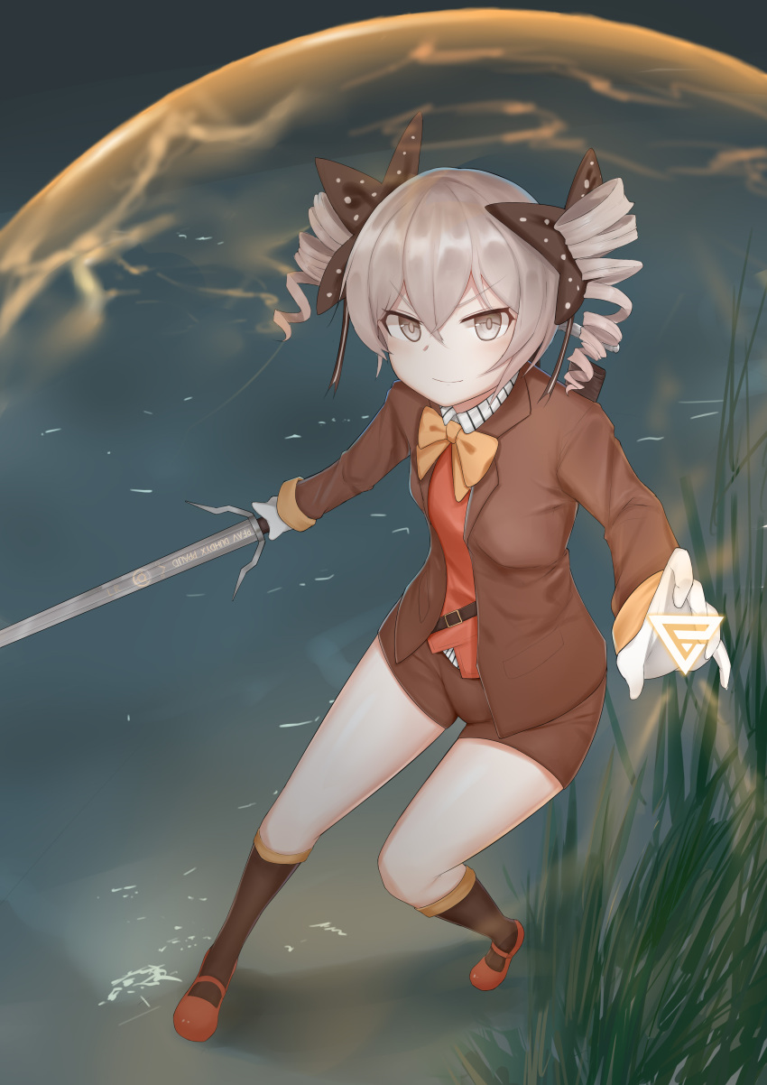 1girl absurdres bangs bow bowtie bronya_zaychik bronya_zaychik_(wolf's_dawn) brown_bow brown_jacket brown_shorts brown_socks drill_hair full_body gloves grass grey_eyes grey_hair hair_bow highres holding holding_sword holding_weapon holographic_interface honkai_(series) honkai_impact_3rd jacket looking_at_viewer lrichle orange_bow orange_bowtie orange_footwear outdoors polka_dot polka_dot_bow shorts smile socks solo sword the_witcher_(series) the_witcher_3 twin_drills weapon white_gloves