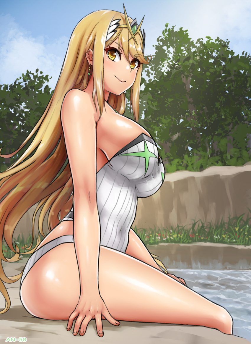 1girl angoha arm_support bare_shoulders blonde_hair breasts earrings gem hair_ornament headpiece highres jewelry large_breasts mythra_(radiant_beach)_(xenoblade) mythra_(xenoblade) nintendo one-piece_swimsuit pool sideboob sitting smile super_smash_bros. swimsuit tiara tree water xenoblade_chronicles_(series) xenoblade_chronicles_2 yellow_eyes