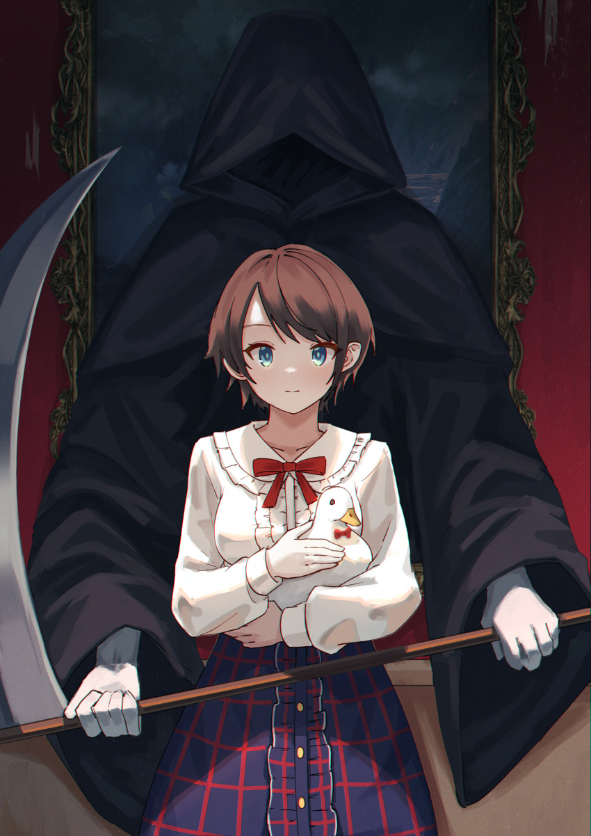1girl 1other absurdres ambiguous_gender animal bird black_robe blue_eyes bow bowtie brown_hair death_(entity) duck facing_viewer frilled_shirt frills highres holding holding_animal holding_scythe hololive hood hood_up hooded_robe indoors jl_tan long_sleeves looking_at_viewer oozora_subaru painting_(object) red_bow red_bowtie ribbon robe scythe shirt short_hair skirt virtual_youtuber white_shirt