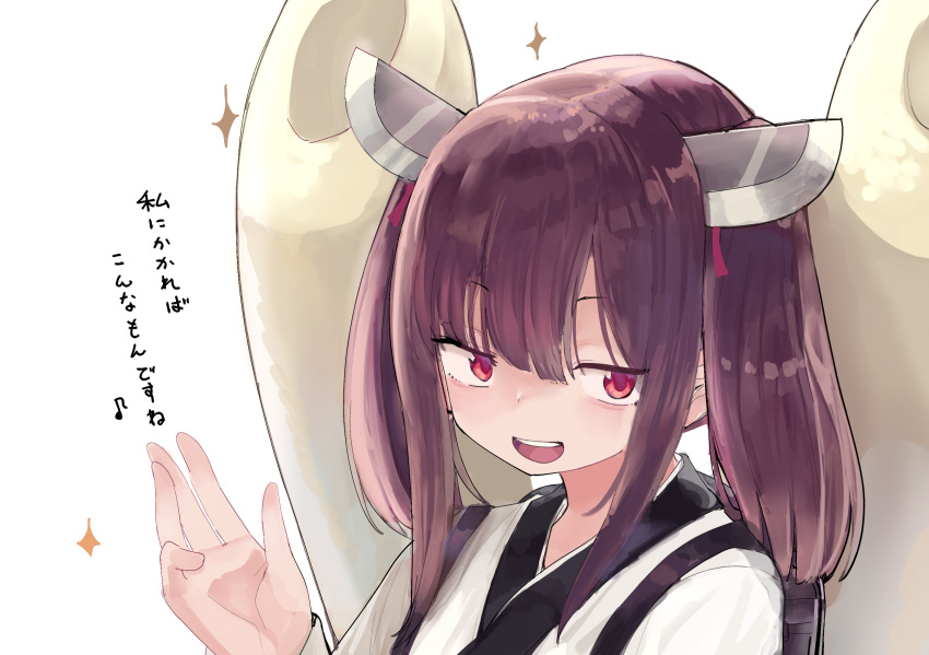 1girl :d backpack bag bangs brown_hair chikuwa food hair_between_eyes hair_ribbon hand_up highres japanese_clothes long_hair microa musical_note open_mouth pink_ribbon randoseru red_eyes ribbon simple_background smile solo sparkle teeth touhoku_kiritan translation_request twintails upper_body upper_teeth voiceroid white_background
