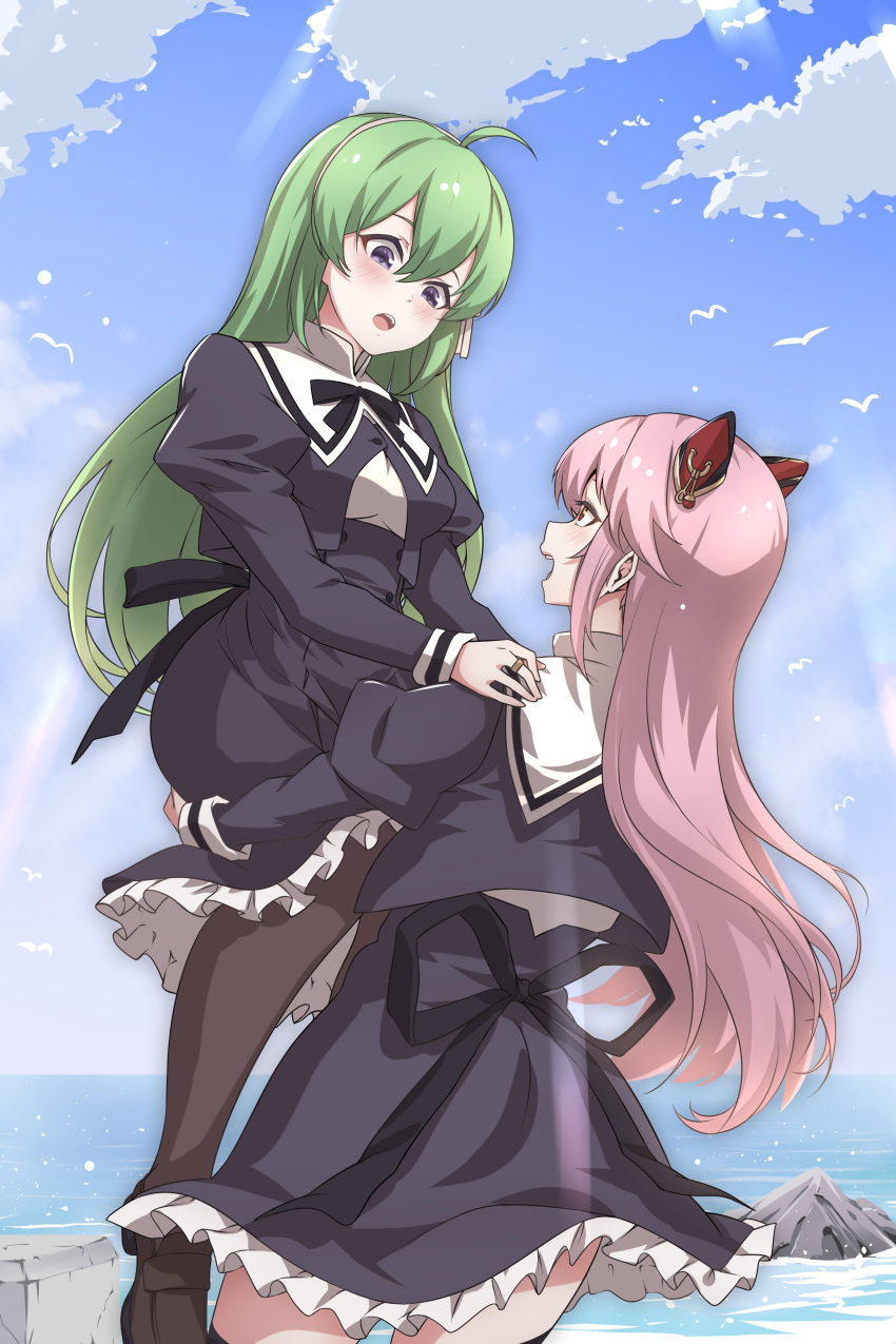 2girls :d absurdres ahoge assault_lily bangs bird black_ribbon black_skirt black_thighhighs blue_sky blush breasts brown_footwear brown_pantyhose carrying carrying_person clouds commentary_request cowboy_shot cropped_jacket day endou_araya eye_contact green_hair hair_between_eyes hair_ribbon hairband hairpods hand_on_another's_shoulder high-waist_skirt highres horizon jewelry kaede_(0025kaede) lifting_person loafers long_hair looking_at_another looking_down looking_up medium_breasts miniskirt multiple_girls neck_ribbon ocean open_mouth outdoors pantyhose pink_hair profile red_eyes ribbon ring rock school_uniform shirt shoes skirt sky smile standing sunlight tanaka_ichi teeth thigh-highs upper_teeth very_long_hair violet_eyes white_hairband white_ribbon white_shirt yuri yurigaoka_girls_academy_school_uniform zettai_ryouiki
