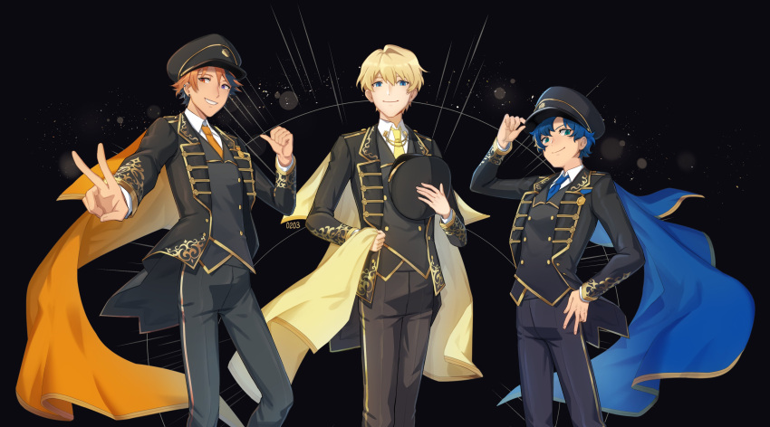 3boys absurdres aqua_eyes astel_leda bangs black_background black_hair black_headwear black_jacket black_pants black_vest blonde_hair blue_cape blue_eyes blue_necktie cape cape_grab collar_chain collared_shirt ear_chain earclip earrings feet_out_of_frame gold_trim grin hair_between_eyes hand_on_headwear hand_on_hip hat heterochromia highres holding holding_clothes holding_hat holostars jacket jewelry kishido_temma looking_at_viewer male_focus mole mole_under_eye mono_(bluesky) multicolored_hair multiple_boys necktie official_alternate_costume open_clothes open_jacket orange_cape orange_eyes orange_hair orange_necktie pants peaked_cap pointing pointing_at_self shirt short_hair smile streaked_hair stud_earrings suntempo thumbs_up v vest violet_eyes virtual_youtuber white_shirt yellow_cape yellow_necktie yukoku_roberu