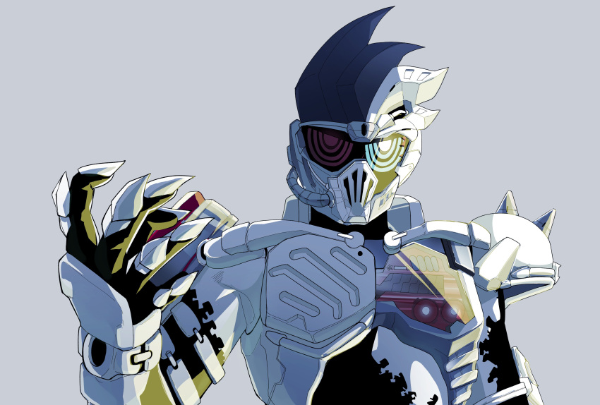 1boy absurdres armor black_bodysuit black_hair blue_eyes bodysuit commentary_request dangerous_zombie_level_x evil foreshortening grey_background heterochromia highres kamen_rider kamen_rider_ex-aid_(series) kamen_rider_genm light light_rays looking_at_viewer male_focus multicolored_bodysuit multicolored_clothes open_hand orion pov red_eyes shoulder_spikes simple_background solo spikes spiky_hair sunbeam sunlight upper_body white_armor white_bodysuit white_hair zombie