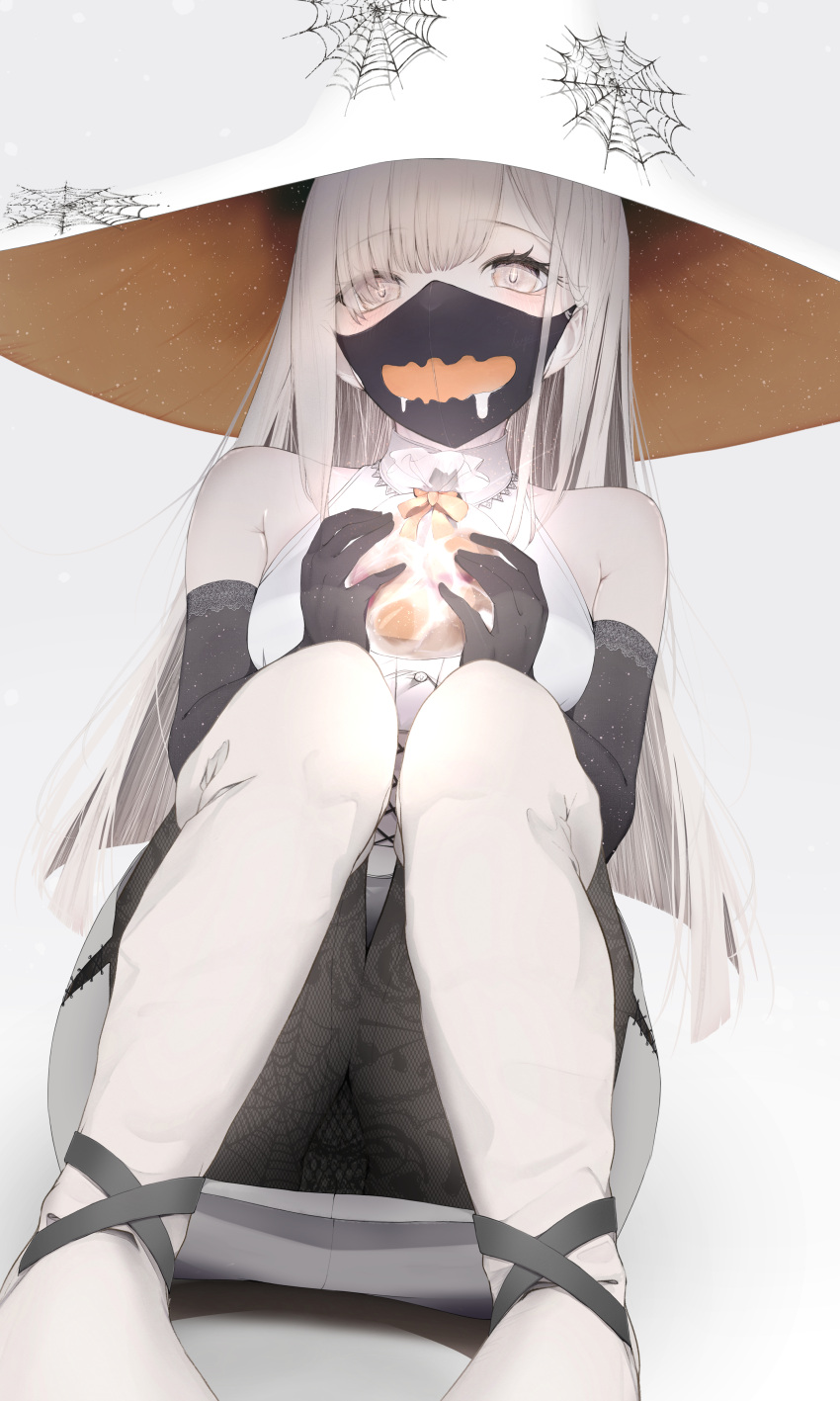 1girl absurdres bare_shoulders black_gloves blush elbow_gloves gloves grey_eyes grey_hair halloween hat highres kisaragi_yaya long_hair looking_at_viewer mask mouth_mask original sleeveless straight_hair witch witch_hat
