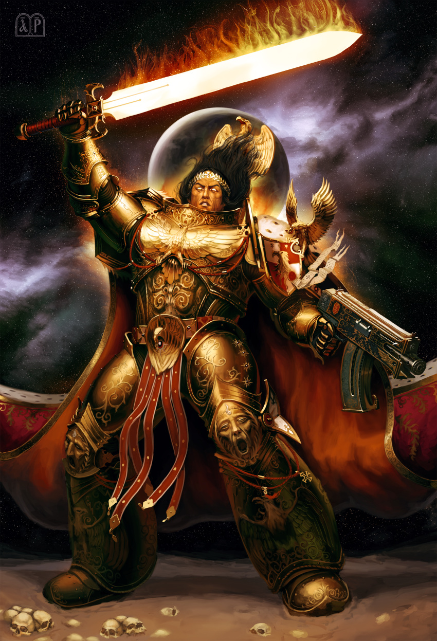 1boy absurdres arm_up armor black_hair bolter cape commentary dual_wielding elijah_arhpriest emperor_of_mankind english_commentary flaming_sword flaming_weapon full_armor full_body glowing glowing_eyes gun highres holding laurel_crown male_focus planet red_cape skull solo space warhammer_40k watermark weapon