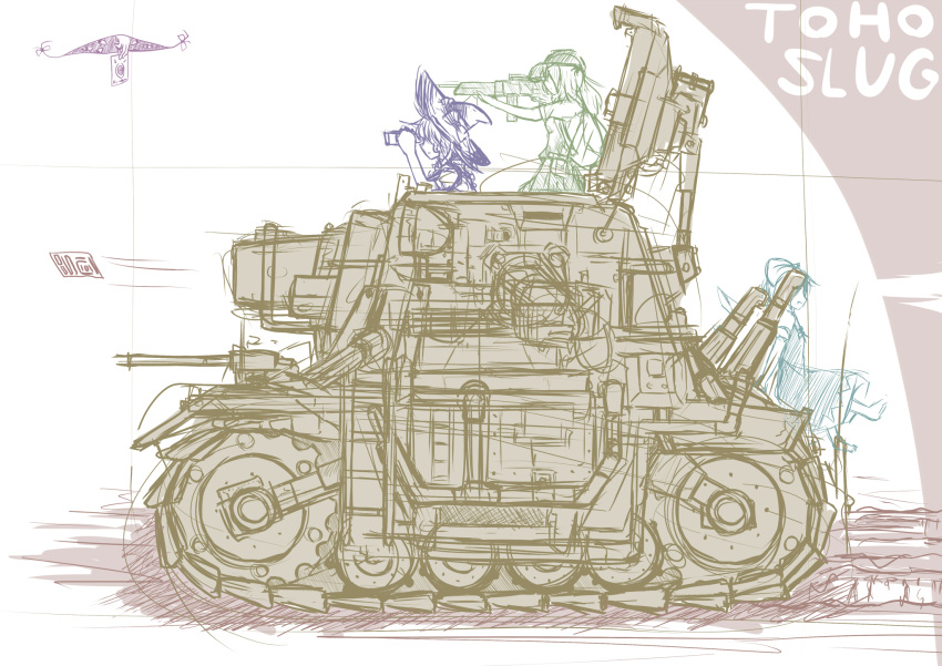 4girls backpack bag binoculars bow cannon caterpillar_tracks cirno english_text from_side full_body gap_(touhou) ground_vehicle gun hair_bow hat highres holding holding_weapon kawashiro_nitori kirisame_marisa metal_slug military military_vehicle motor_vehicle multiple_girls sakusyo sitting sketch sv001_(metal_slug) tank touhou weapon witch_hat yakumo_yukari