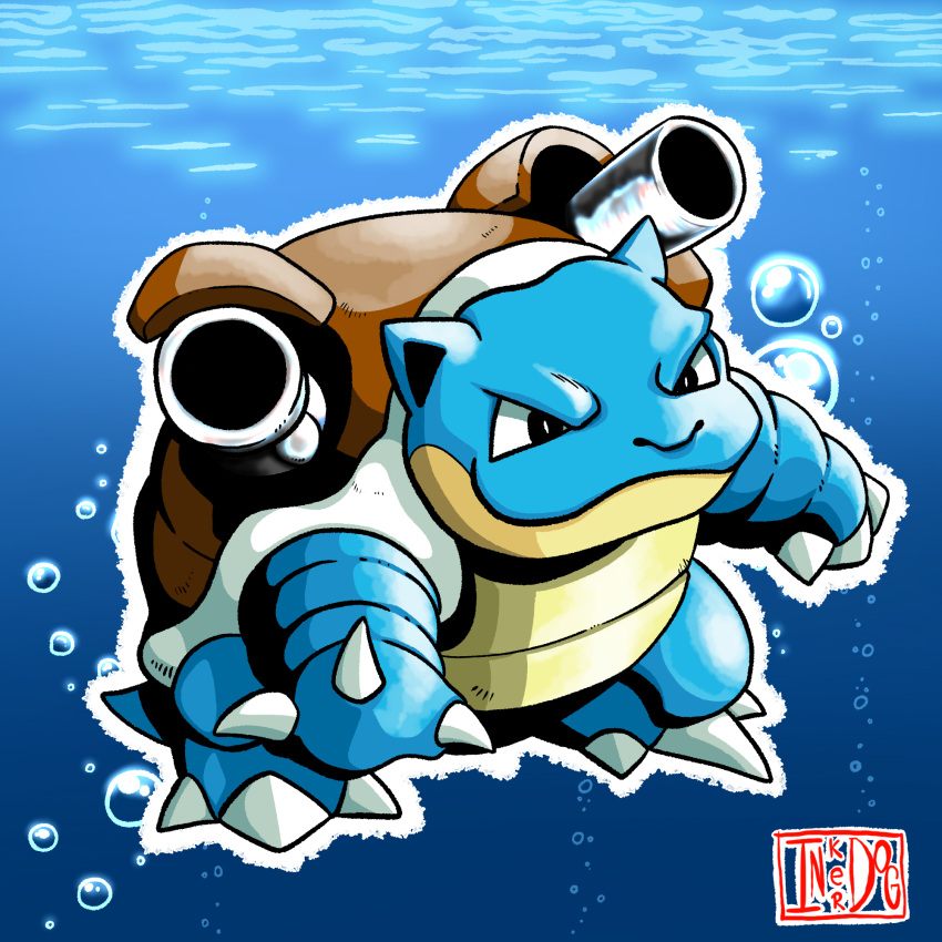 animal_ears artist_logo artist_name black_eyes blastoise blue_background blue_skin bright_pupils bubble cannon claws closed_mouth colored_skin fighting_stance full_body highres inker_dog monster no_humans non-web_source outline pokemon pokemon_(creature) pokemon_(game) self_upload tail turtle_shell water