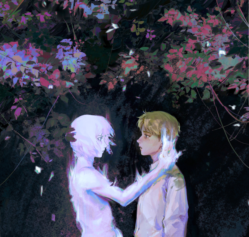 2boys armin_arlert blonde_hair blue_eyes collared_shirt colored_skin crying crying_with_eyes_open dual_persona eye_contact from_side frown glowing hand_on_another's_neck highres leaf long_sleeves looking_at_another male_focus multiple_boys outdoors parted_lips profile ramiica shingeki_no_kyojin shirt short_hair surreal tears upper_body white_hair white_shirt white_skin
