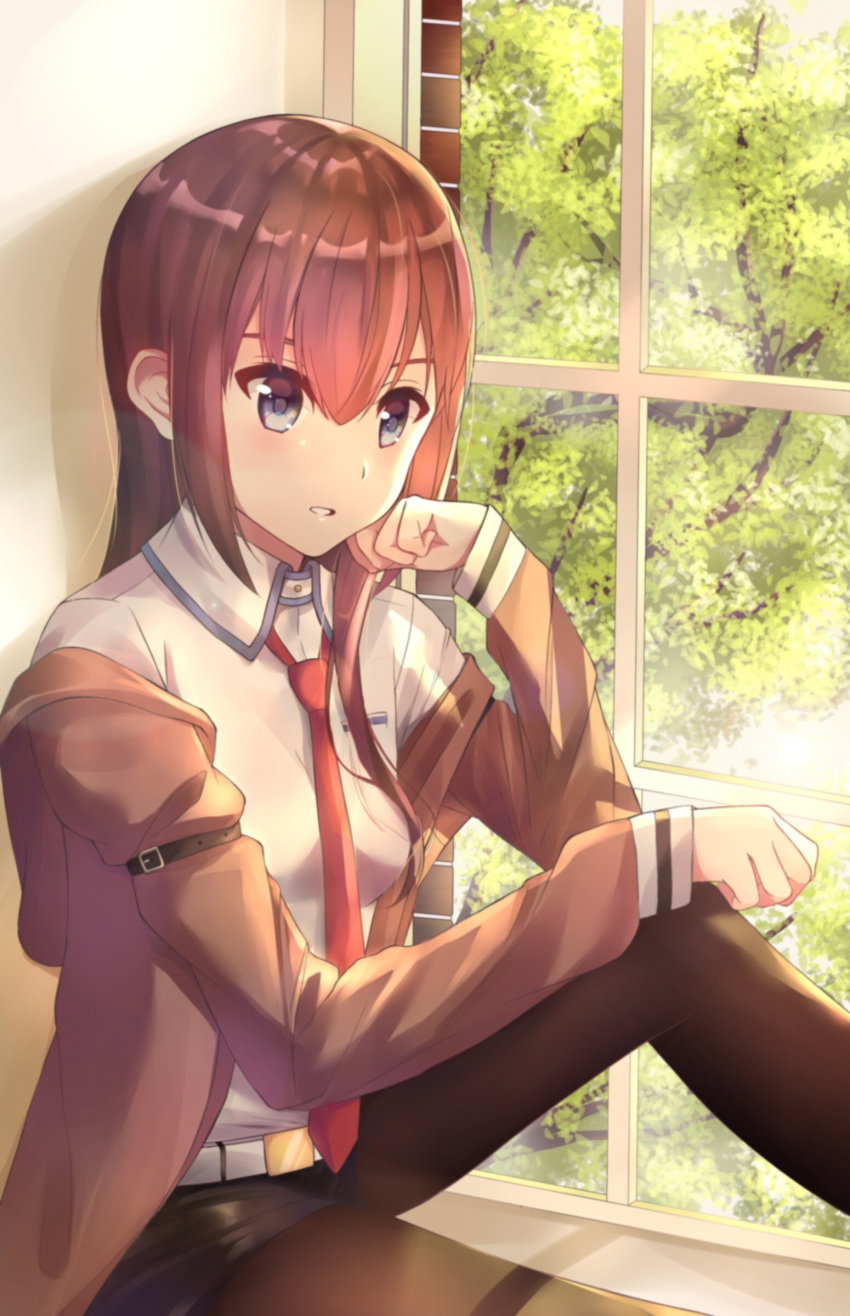 1girl absurdres azusa_(986543982) bangs black_shorts blue_eyes breast_pocket brown_hair brown_jacket brown_pantyhose collared_shirt day hair_between_eyes highres jacket legwear_under_shorts long_hair long_sleeves makise_kurisu necktie open_clothes open_jacket pantyhose parted_lips pocket red_necktie shiny shiny_hair shirt short_shorts shorts sitting_in_window solo steins;gate straight_hair white_shirt wing_collar