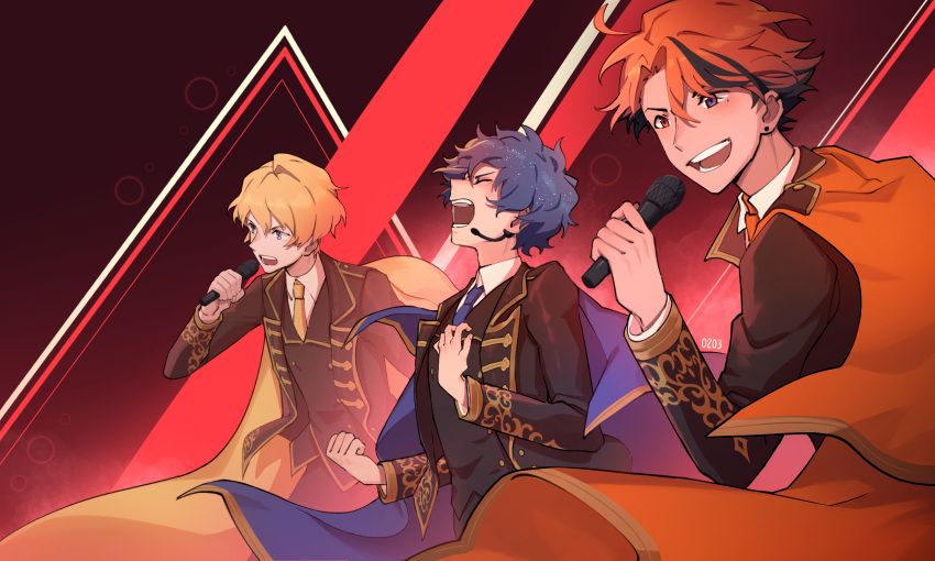 3boys :d astel_leda bangs black_hair black_jacket black_pants black_vest blonde_hair blue_cape blue_eyes blue_necktie cape closed_eyes collared_shirt earrings gold_trim grin hair_between_eyes hand_on_own_chest heterochromia highres holding holding_microphone holostars jacket jewelry kishido_temma looking_ahead male_focus microphone mole mole_under_eye mono_(bluesky) multicolored_hair multiple_boys music necktie official_alternate_costume open_clothes open_jacket open_mouth orange_cape orange_eyes orange_hair orange_necktie pants parted_bangs red_background shirt short_hair singing smile streaked_hair stud_earrings suntempo teeth upper_body vest violet_eyes virtual_youtuber white_shirt yellow_cape yellow_necktie yukoku_roberu