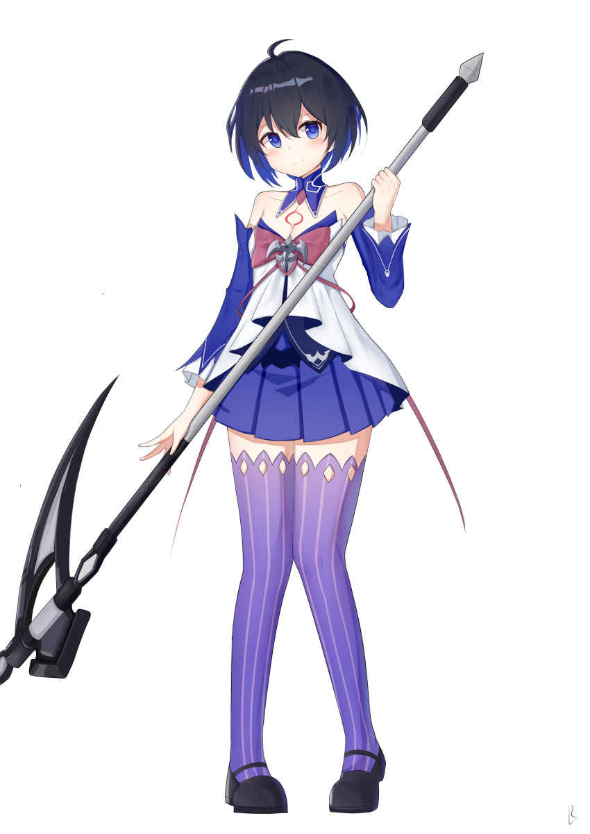 1girl absurdres ahoge bangs bare_shoulders black_footwear blue_eyes blue_hair bob_cut closed_mouth dress full_body highres holding holding_scythe holding_weapon honkai_(series) honkai_impact_3rd long_hair looking_at_viewer lrichle purple_sleeves purple_thighhighs scythe seele_vollerei seele_vollerei_(swallowtail_phantasm) short_hair simple_background smile solo tattoo thigh-highs weapon white_background white_dress