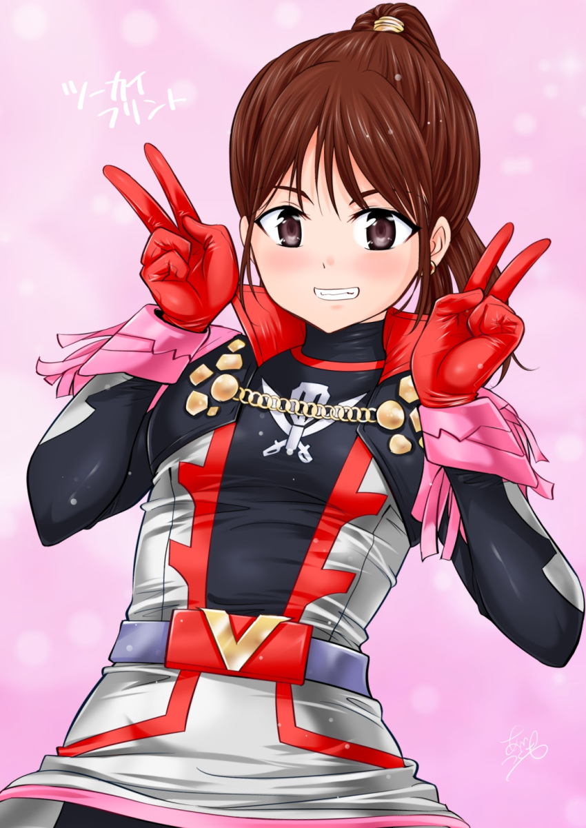 1girl abe_tsukumo alluring bodysuit brown_eyes brown_hair flint_goldtsuiker helmetless kikai_sentai_zenkaiger smile super_sentai